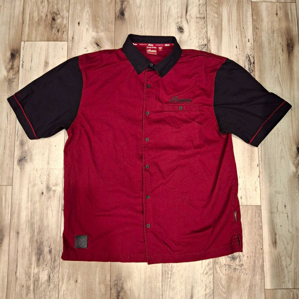 Indian Motorcycle Burgundy Black Short Sleeves Button Up Shirt Men Size Large